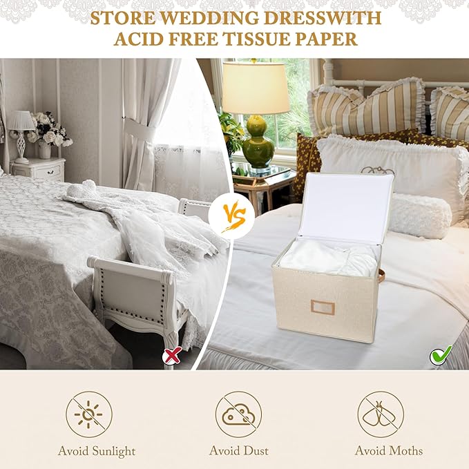 Wedding Dress Storage Box, Wedding Dress Preservation Box with Lid, Foldable Acid-Free Organizer with 1 Pair of Microfiber Gloves and 20 Sheets of Acid-Free Paper (1, Medium)