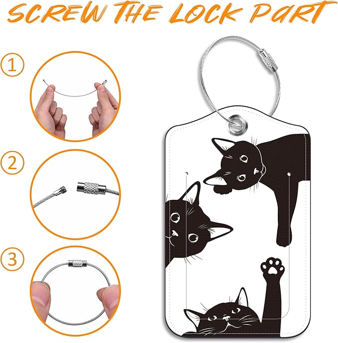 Luggage Tags for Suitcase Black Cats 2 PCS Leather Travel Luggage Tag with Stainless Steel Loop Name ID Label Privacy Cover for Women Men Travel