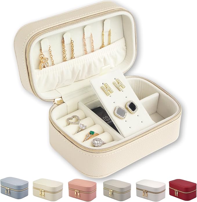 Small Travel Jewelry Case With PU Leather, Sturdy And Smooth Gold Metal Zipper, Perfect Size Suitable For Compact Jewelry Organizer Storage, Small Women's Jewelry Box Travel Accessories Beige