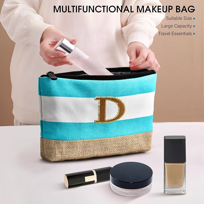 Becokan Beach Bag Initial Beach Tote with Makeup Bag for Travel Work Storage Personalized Birthday Gifts for Women Her
