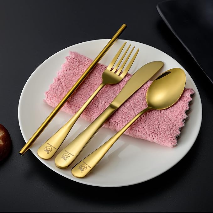 Boulder Bee | Travel Utensils Set | Reusable Camping Cutlery Set | Stainless Steel Flatware Set | Portable Silverware Set with Case | Includes Knife/Fork/Spoon/Straw/Cleaning Cloth/Case (Gold)