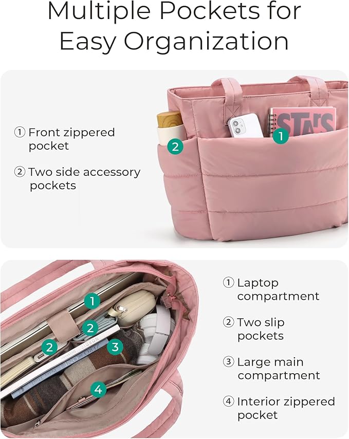 BAGSMART Tote Bag for Women, Lightweight Puffy Tote Bag with Compartments Shoulder Bag Handbag for Travel, Work, Gym,