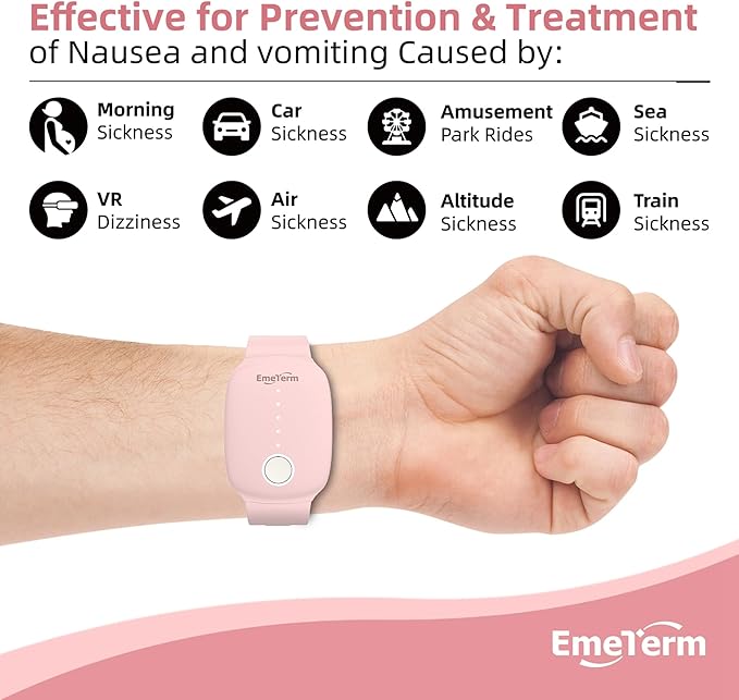 EmeTerm Fashion FDA-Cleared Relieve Nausea Electrode Stimulator Morning Sickness Motion Travel Sickness Vomit Relief Rechargeable No Gel Drug Free Wrist Bands Without Side Effects