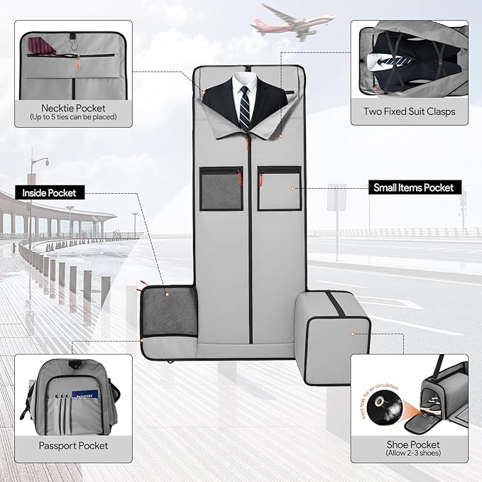 Garment Duffle Bags for Travel, HOMQUIET Convertible Garment Duffel Bag, All YKK Zippers Carry On Garment Bags, 2 in 1 Hanging Waterproof Suit Travel Bag with Shoe Compartment, for Men Women, Grey