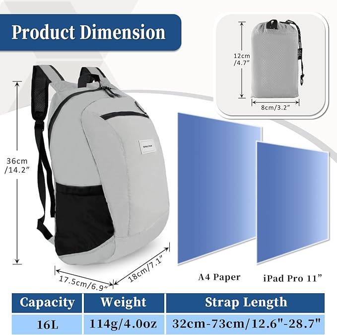 Hiking Daypack - Lightweight & Water-Resistant Portable Backpack for Travel, Camping, Outdoor Adventures(16L, grey)