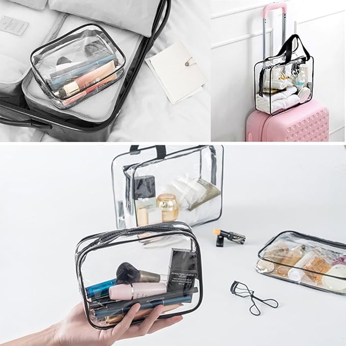 APREUTY Clear Makeup Bags, TSA Approved 6 Pcs Cosmetic Makeup Bags Set Clear PVC with Zipper Handle Portable Travel Luggage Pouch Airport Airline Vacation Organization (Black)