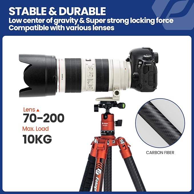 Fotopro 62 Inch Carbon Fiber Tripod for Camera Ultralight Travel Camera Tripod Max Loads Up 22lbs X-Aircross 3 Orange