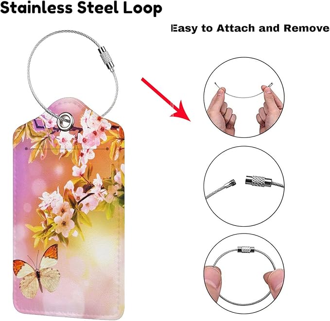 2 Packs Beautiful Spring Flowers PU Leather Luggage Tags Butterfly Suitcase Labels Bag Tags Cute Name ID Labels with Privacy Cover for Women Teen Girls Pink Yellow Background