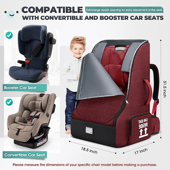 RAINSMORE Padded Car Seat Travel Bag for Airplane Heavy Duty Car Seat Backpack for Air Travel Baby Carseat Cover Bags for Airport Large Car Seats Carrier Fits Car Seats & Booster Seats,Red