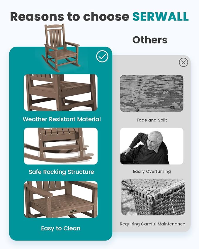 SERWALL Outdoor Rocking Chair, HDPE Patio Rocking Chair All-Weather Porch Rocker for Balcony, Yard, Brown