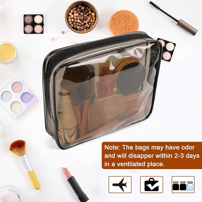 APREUTY Clear Makeup Bags, TSA Approved 6 Pcs Cosmetic Makeup Bags Set Clear PVC with Zipper Handle Portable Travel Luggage Pouch Airport Airline Vacation Organization (Black Brown)