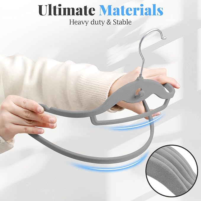 Velvet Felt Stackable Hangers 50 Pack, Non Slip, with 360° Swivel Hook, Ultra Thin and Space Saving for Suits, Shirts, Coats, 15Lbs Capacity Heavy Duty, Gray