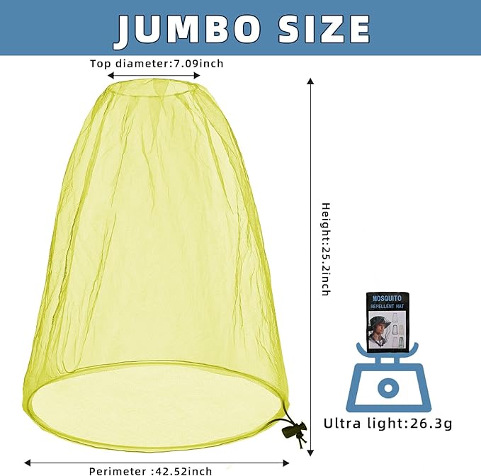 Oversized Mosquito Net 42 x 25 Inches Ultra Large Mosquito Head Net Face Neck Fly Mesh Netting Fits All Hats for Outdoor Camping Hiking Fishing Gardening Safari(Yellow)