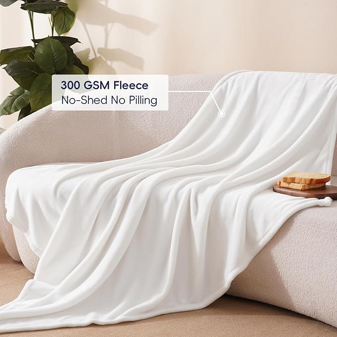 PHF Ultra Soft Fleece Throw Blanket, No Shed No Pilling Luxury Plush Cozy 300GSM Lightweight Blanket for Bed, Couch, Chair, Sofa Suitable for All Season, 50" x 60", White