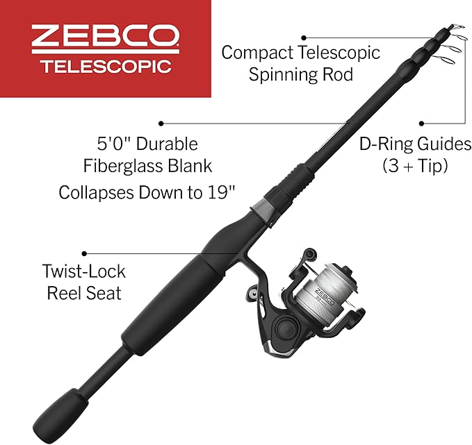 Zebco 33 Spinning Reel and Telescopic Fishing Rod Combo
