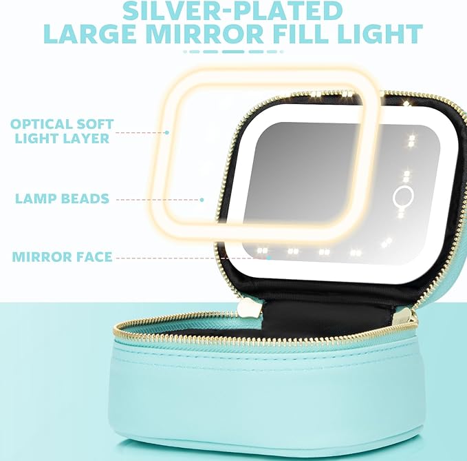 Small Makeup Bag Travel Train Case with Mirror and Light Mini Travel Make up for Women Train Case Cosmetic Organizer 3 Adjustable Brightness Toiletry Bag Portable Artist Storage