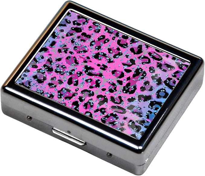 Silver Vintage Pill Box 7 Day Metal Pill Box with Mirror and 8 Compartments Cute Travel Pill Organizer for Purse (Pink Leopard Print)