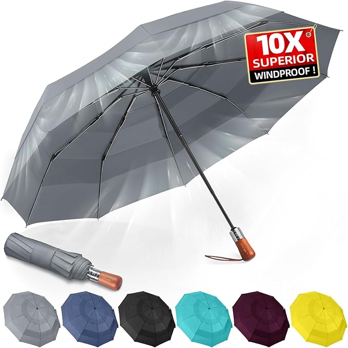 3T Wind Armor Travel Umbrella Compact Easy Auto Open Close Folding Umbrellas for Rain Windproof Umbrella for Women and Men Durable Real Wood Handle Portable Fits Backpack Car