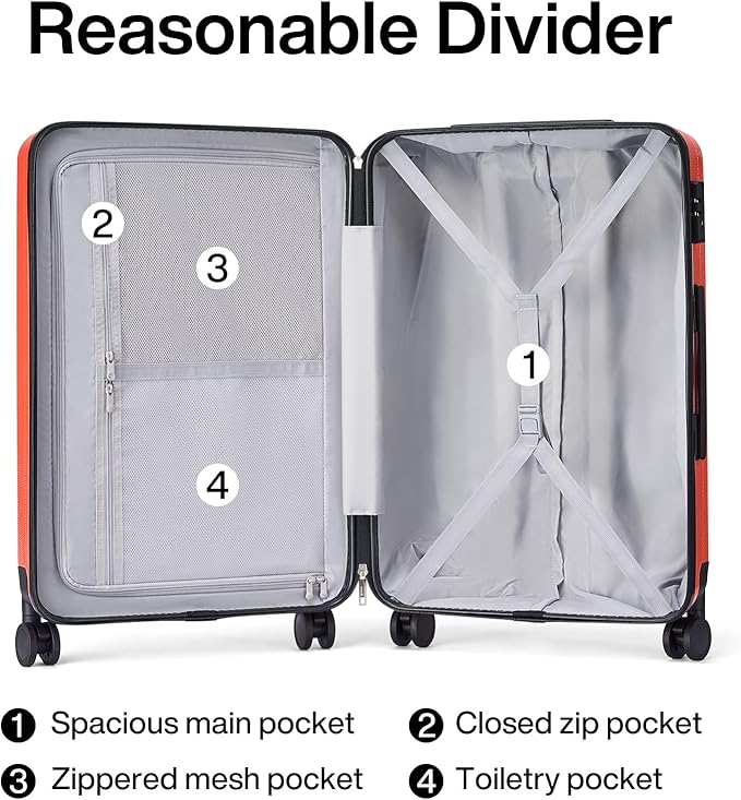 Hanke 24 Inch Luggage Suitcases With Spinner Wheels Lightweight PC Hard Shell Rolling Suitcase With Travel Lock,Checked-Medium 24-Inch （Orange）