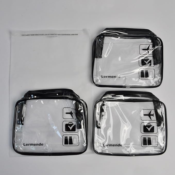 Lermende 2pcs Clear Toiletry Bag TSA Approved Travel Bag,Carry On for Travel,Airport Airline Accessories Compliant Bag,Quart Sized Makeup Cosmetic bag Women Men (Black, 3 Pack)