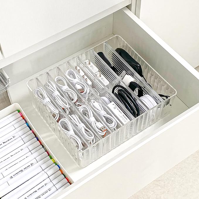 Yesesion Clear Cord Storage Box with Wire Ties, Plastic Cable Organizer for Drawer, Large Desk Accessories Case Container for Phone Charger, Battery, Art Crafts, Home Office Supplies, 2 Pack