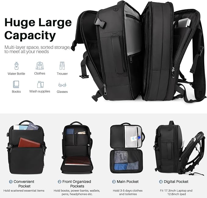 Travel Backpack Carry On Flight Approved, Lightweight Large Travel Backpack, Expandable with USB Charging Hole, Waterproof Causal Bookbag for Travel Work College Fits 17 inch Laptop, Black