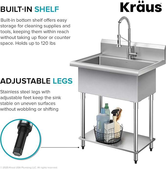 KRAUS Standart Pro 32 Inch 18-Gauge Stainless Steel Scullery Sink, 24 Gallon Freestanding Commercial Style Single Bowl Laundry & Utility Sink, KHS230-32