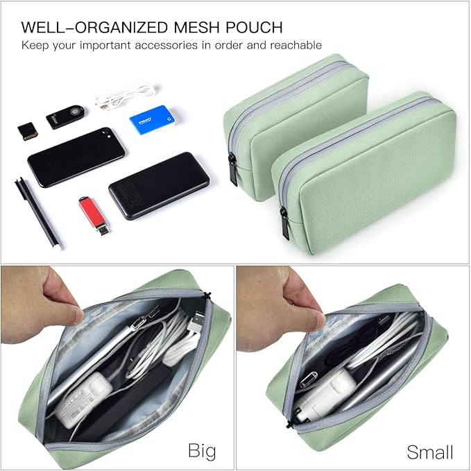 imComor Universal Electronics Accessories Case Bag, 2-Pack Portable Soft Carrying Case Bag Pouch Wire Cable Organizer for Hard Drive, Power Adapter, Laptop Mouse, Cosmetics Kit, Small+Big-Mint Green