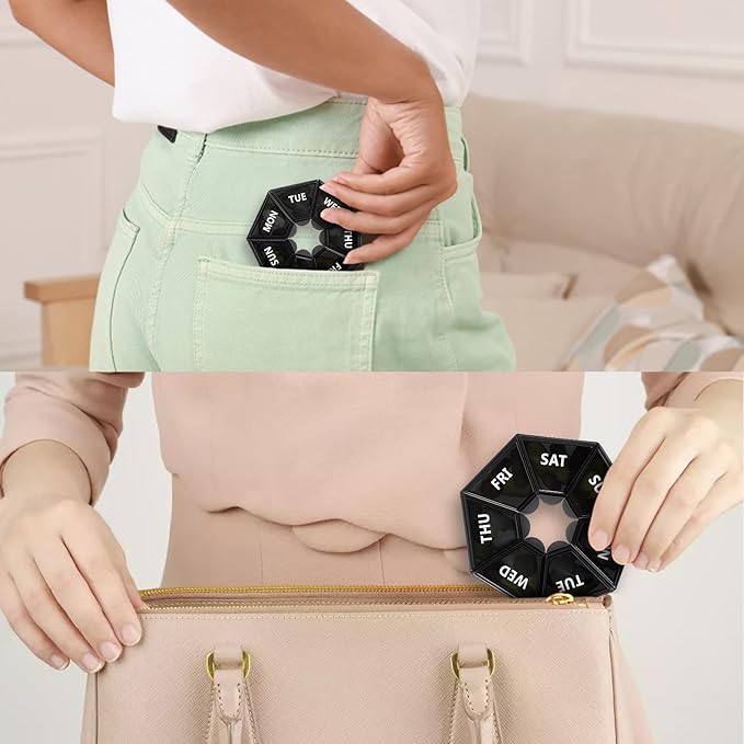Gelibo,Weekly Pill Organizer, 2 Pack Portable Travel Pill Box Dispenser Medicine case 6 Colors (Seven Day) New Edition for Vitamin/Fish Oil/Pills/Supplements-Arthritis Friendly (Black)