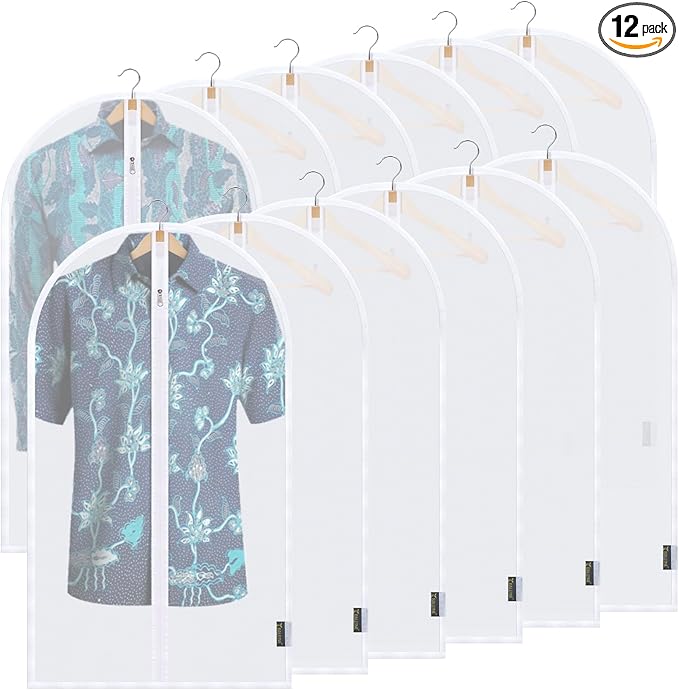 BALEINE 40'' Translucent Garment Bags, 12 Packs PEVA Dress Bag for Closet Clothes Dresses Suit Coats Storage (White, 12PK)