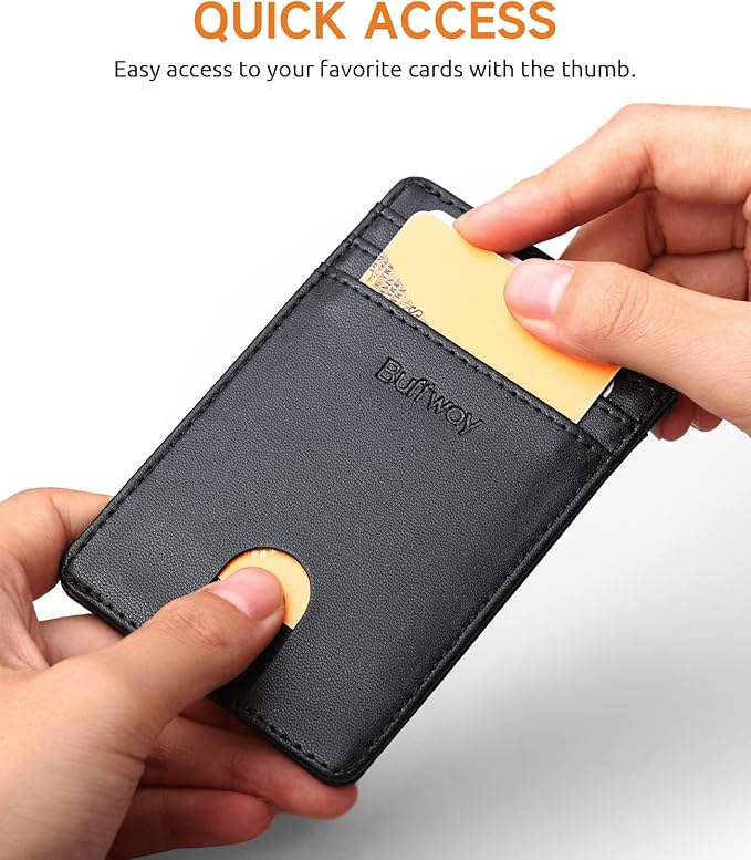 Buffway Mens Slim Wallet, Minimalist Thin Front Pocket Leather Credit Card Holder with RFID Blocking for Work Travel