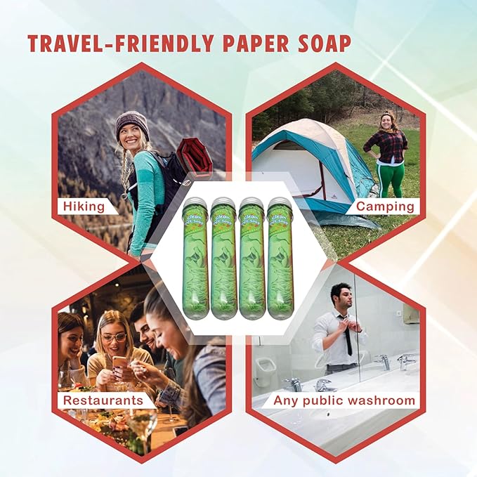 Flower Paper Soap Sheets (Pack of 4) - Portable Disposable Travel Paper Soap Confetti - Foaming Hand Washing Scented Soap Flakes for Indoor, Travel, Camping, Hiking, Outdoor, (Green)