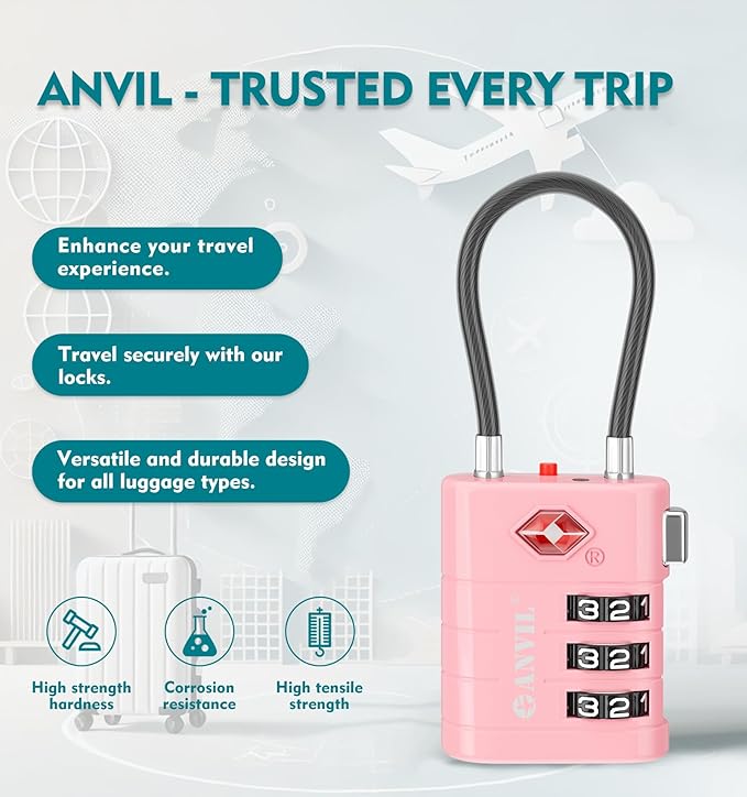 ANVIL TSA Approved Luggage Locks – High Security TSA008 Combination Travel Locks with Inspection Indicator for Suitcases and Backpacks. (2, Pink)