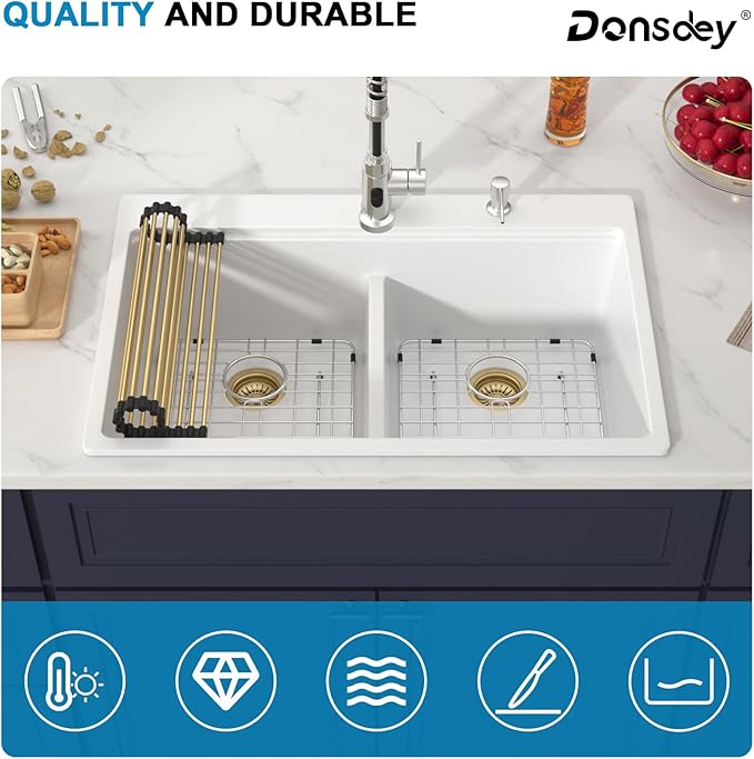 33 Inch Quartz Drop In White Kitchen Sink-Donsdey Double Bowl Topmount Granite Composite Workstation Sinks Double Basin Large Bowl Hard and Durable Noise Reduction Luxury Accessories