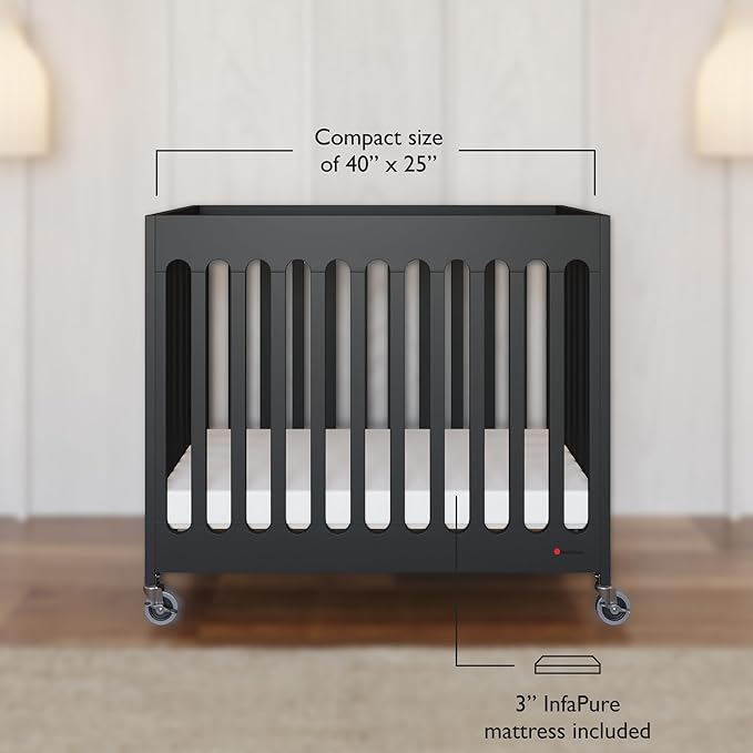 Foundations Boutique Folding Mini Baby Crib - Compact, Portable, Wooden Hotel Crib, Foldable Mini Crib for Baby & Toddlers - Includes 3" Foam Mattress, Ebony