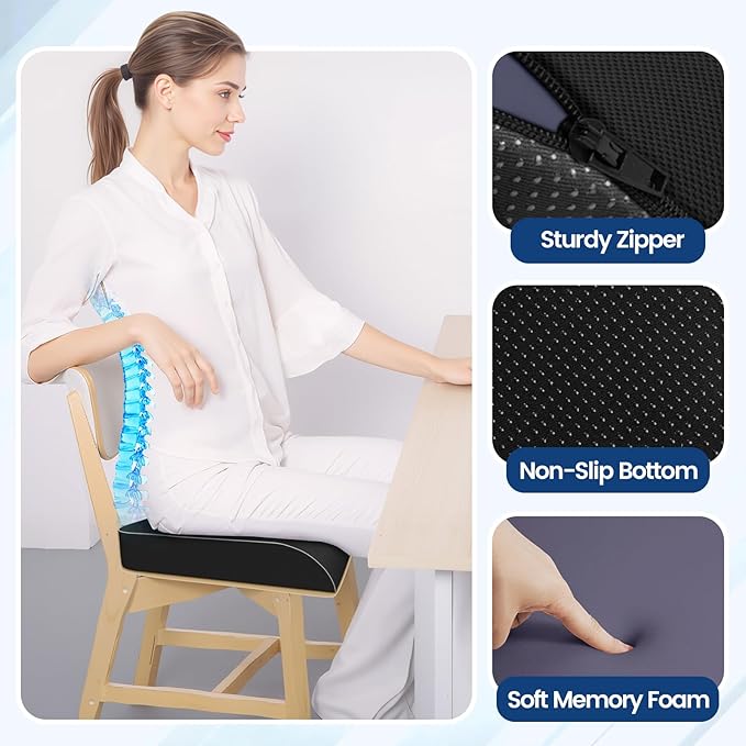 Seat Cushion for Tailbone Pain Relief, Office Chair Cushion, Memory Foam Large Chair Cushion with Non-Slip Cover for Soft Support at Office Chair, Car Seat, Airplane Black/Large