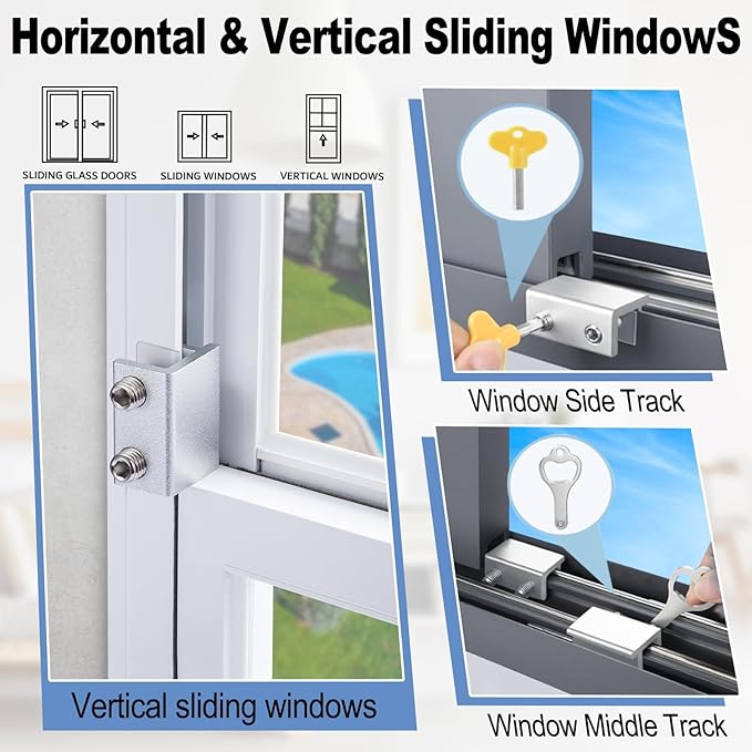 Sliding Window Locks,for Horizontal Sliding Windows,Window Security Lock with Key,Adjustable Aluminum Easv to Install Window Stopper,Window Locks for Up and Down Windows (10 Sets Silver)