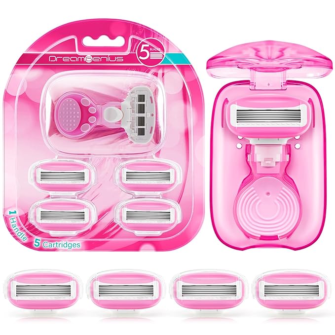 DreamGenius Travel Razors for Women Include 1 Handle and 5 Cartridges, Extra Smooth 5-Blade Travel Essentials Razor with Case for Shaving, Pink