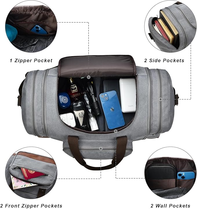 Litvyak Duffle Bag for Travel, 50L Canvas Travel Duffel Bags Overnight Weekend Gym Carry On Luggage Bag for Men & Women(Grey+Toiletry Bag)