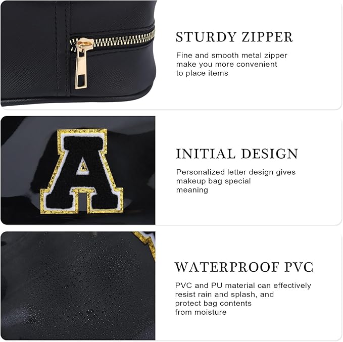 YOOLIFE Initial Travel Makeup Bag Pouch, Clear Toiletry Bag for Women Travel Accessories Cosmetic Bag Skin Care for Teen Make Up Bags Birthday Gifts for Women Unique Teacher Mom Friends Gifts Black R