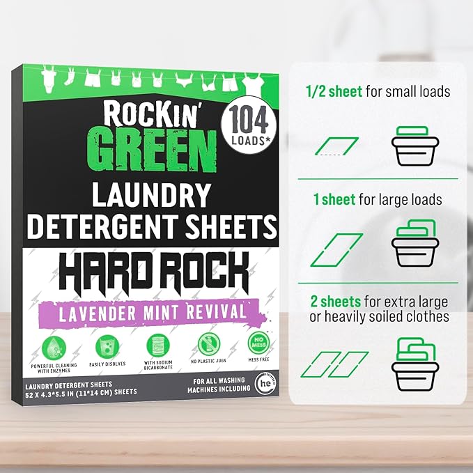 Rockin' Green Hard Rock Travel Laundry Detergent Sheets for Hard Water - Mess-Free Laundry Sheet Detergent with Sodium Bicarbonate - Easily Dissolvable Laundry Soap Sheets (104 Loads, Lavender Mint)