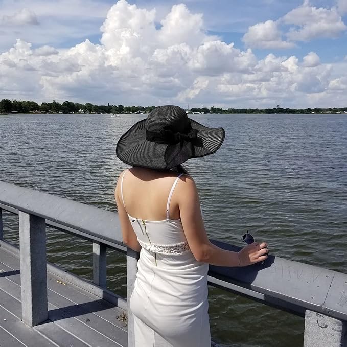DRESHOW Beach Hats for Women Big Straw Wide Brim Summer Hat Floppy Foldable Roll up Cap Sun Hat UPF 50+