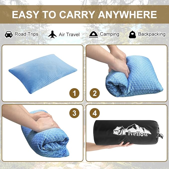 Ivellow Travel Pillow Cooling Camping Pillow for Sleeping Compressible Shredded Memory Foam Pillow Compact Firm Supportive Pillow for Adults Kids Outdoor Backpacking Hiking Essential Gear Blue M