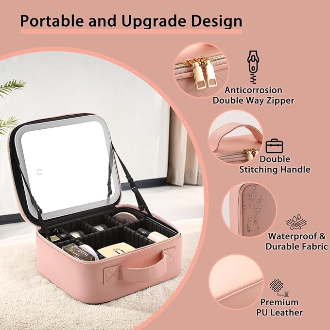 Makeup Bag with Led Mirror,Travel Makeup Organizer with 3 Color Setting, Portable Storage and Adjustable Dividers Travel Makeup Bag(Pink)