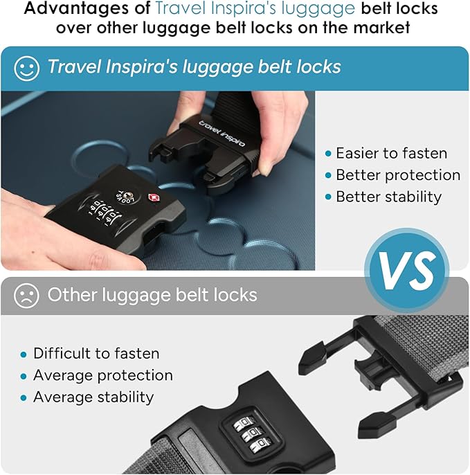 Travel Inspira Luggage Straps for Suitcases with TSA Lock, Protect Your Luggage Anti-Burst, High Visibility Color, Easy to Identify Luggage Adjustable Heavy Duty Belt for 20-32 Inch Suitcases