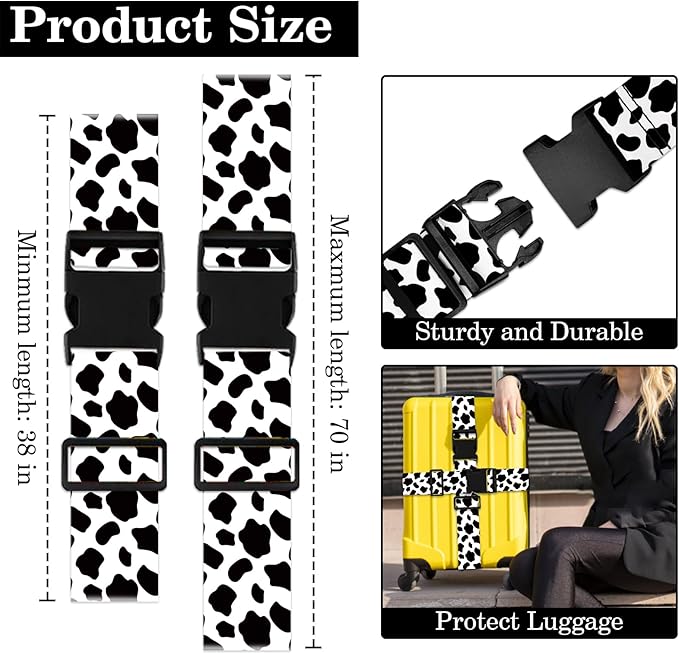Cow Print Luggage Straps for Suitcases TSA Approved, Luggage Identifiers for Suitcase, Adjustable Suitcase Strap for Baggage Security with Cute Patten, Travel Necessary Accessories
