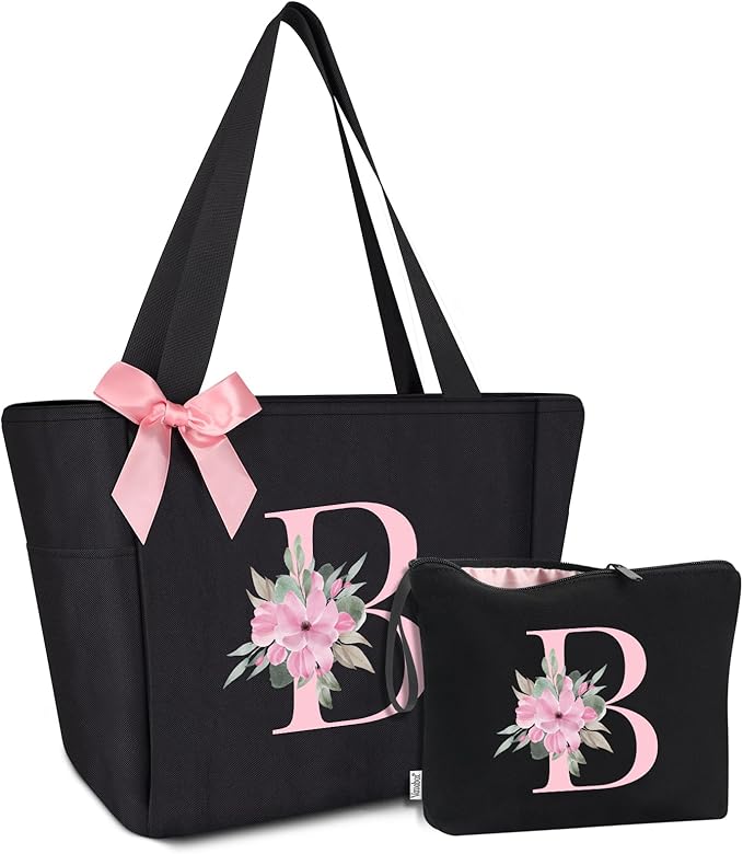 Vavabox Tote Bag, A-Z Initial Monogrammed Waterproof Tote Bag, Bridesmaid Gifts for Women, Black and Pink