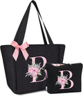 Vavabox Tote Bag, A-Z Initial Monogrammed Waterproof Tote Bag, Bridesmaid Gifts for Women, Black and Pink