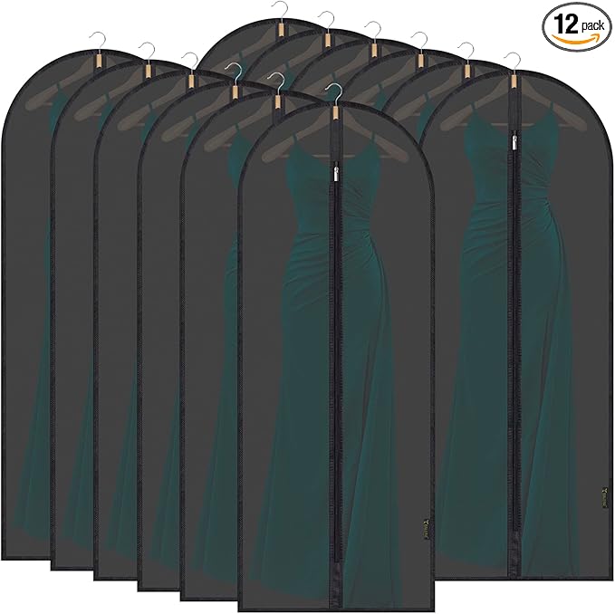 BALEINE 60'' Translucent Garment Bags, 12 Packs PEVA Dress Bag for Closet Clothes Dresses Suit Coats Storage (Black, 12PK)