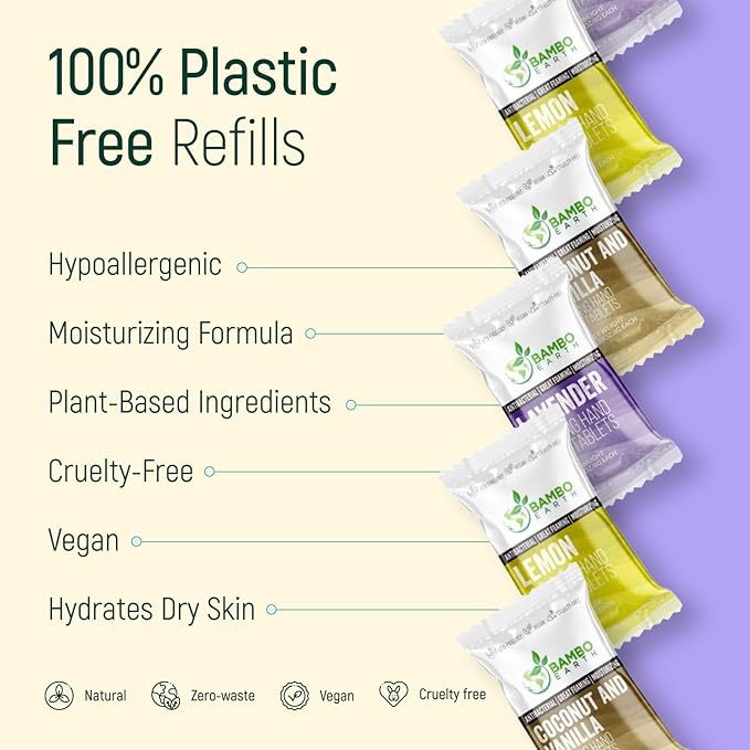 18 Pack Natural Foaming Hand Soap Tablets - Soft Moisturizing Handwash Tab Refills - 1 Tablet = 9 Oz Refillable Liquid Wash Foam Handsoap - Eco-Friendly Paper Softsoap Refill Tabs (Lemon)